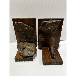 Vintage Bookends Genuine Fossil Handmade Original Woodwork Creekbed Artifact USA